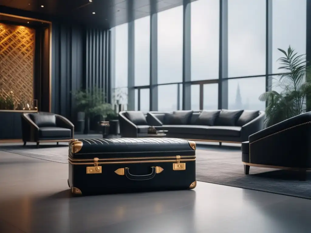 Conjunto de equipaje de lujo: sofisticación en negro y oro Elegante set de equipaje de lujo en lobby minimalista