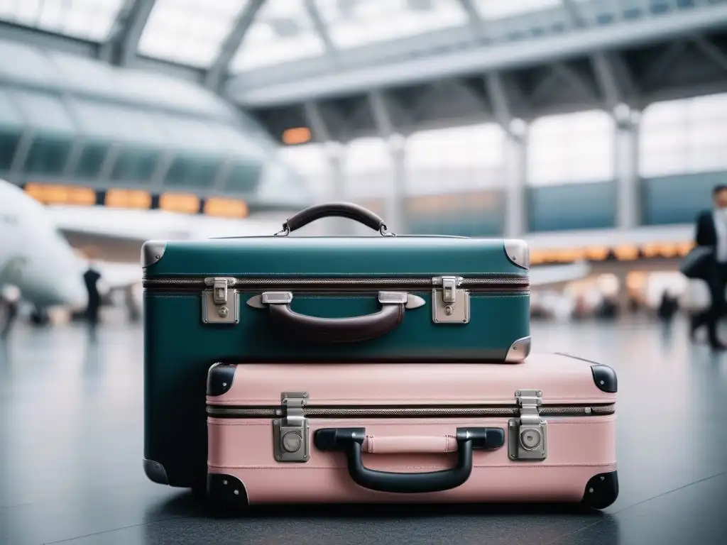 Set de equipaje moderno para viajeros pequeños en aeropuerto Un elegante set de equipaje de mano para petite en tonos blush pink y silver en un bullicioso aeropuerto