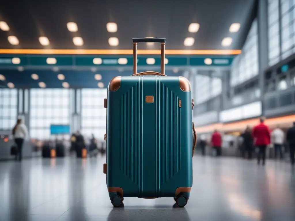 Equipaje de mano moderno para viajeros petite con detalles en oro rosa Un elegante set de equipaje de mano diseñado para petite, con detalles en oro rosa, en un bullicioso aeropuerto