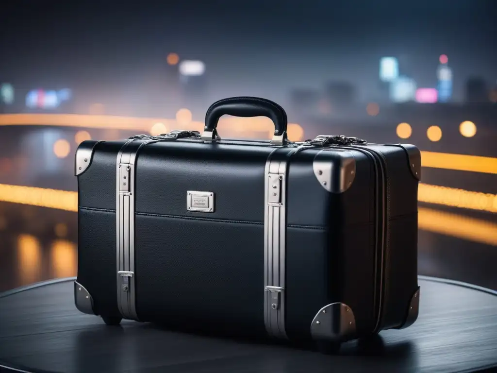 Set de equipaje de lujo: elegancia en la ciudad nocturna Un elegante set de equipaje moderno en cuero negro y detalles plateados, resplandece ante un bullicioso paisaje urbano nocturno