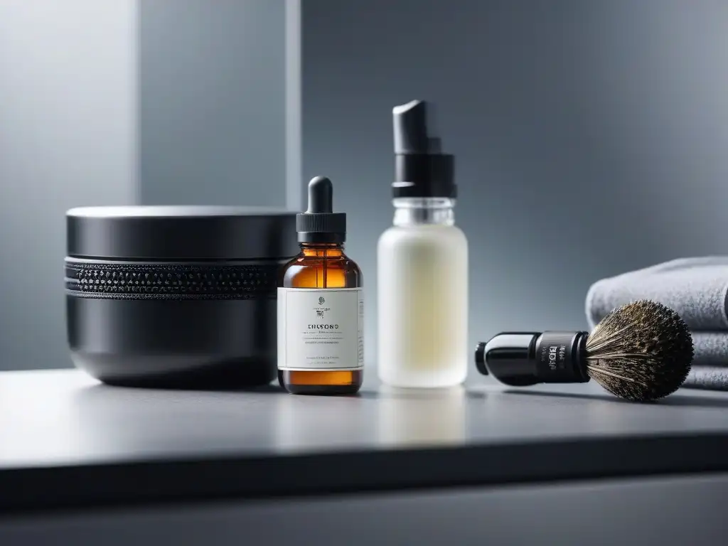 Productos premium para el cuidado de la barba en un baño moderno Un elegante set de Tratamientos para cuidado barba piel en un baño moderno y lujoso