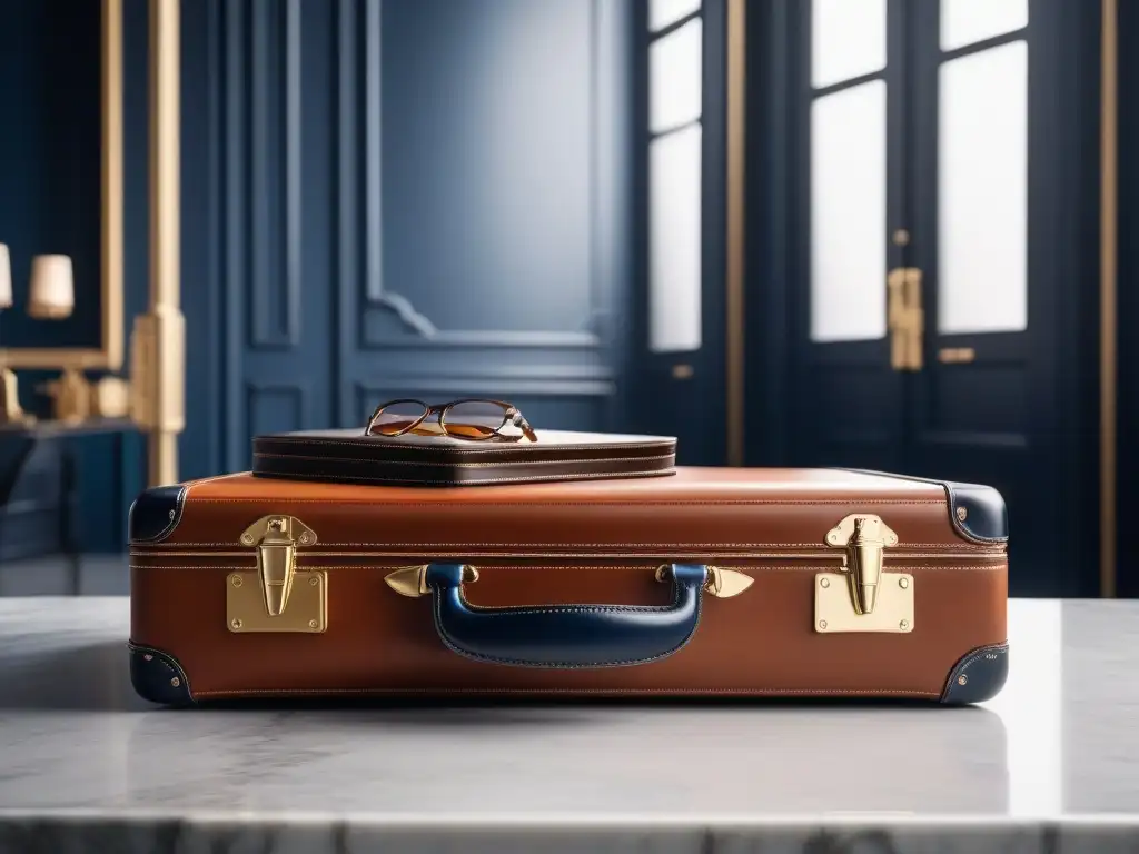 Set de viaje de lujo en mármol con maleta de cuero y accesorios elegantes Un elegante set de viaje de lujo en mármol, equipaje y accesorios en tonos azul marino y marrón cognac