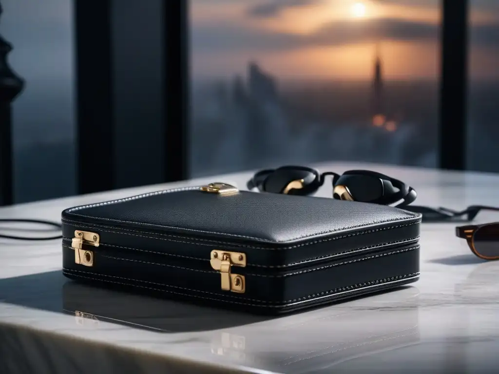 Set de viaje de lujo: maleta elegante, accesorios de cuero y auriculares premium Un elegante set de viaje en una lujosa encimera de mármol, con equipaje para personas altas y accesorios de lujo