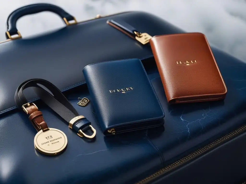 Set de viaje de lujo personalizado en mármol negro Elegante set de viaje moderno sobre encimera de mármol negro, con accesorios personalizados y exclusivos en azul marino
