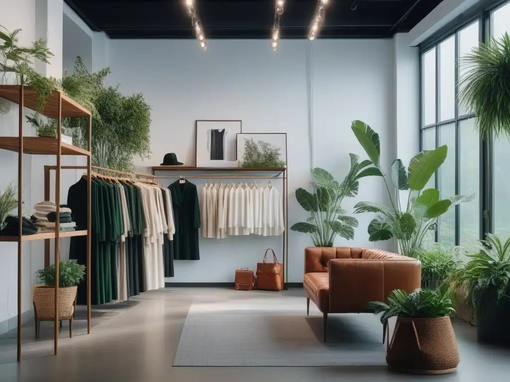 Showroom de moda sostenible: elegancia y diversidad Un elegante showroom de alquiler de ropa sostenible para eventos, con moda moderna y ambiente ecofriendly inclusivo