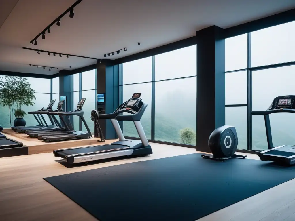 Showroom de lujo para fitness: equipamiento moderno y elegante en 8k Un elegante showroom de equipamiento fitness de lujo con ajuste perfecto para cada individuo, diseño moderno y ambiente inspirador