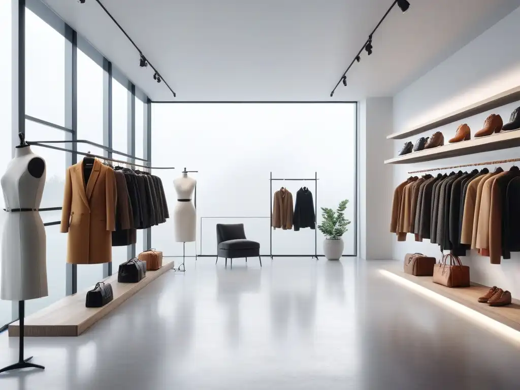 Un elegante showroom de moda con ropa y accesorios de diseño, iluminado por luz natural