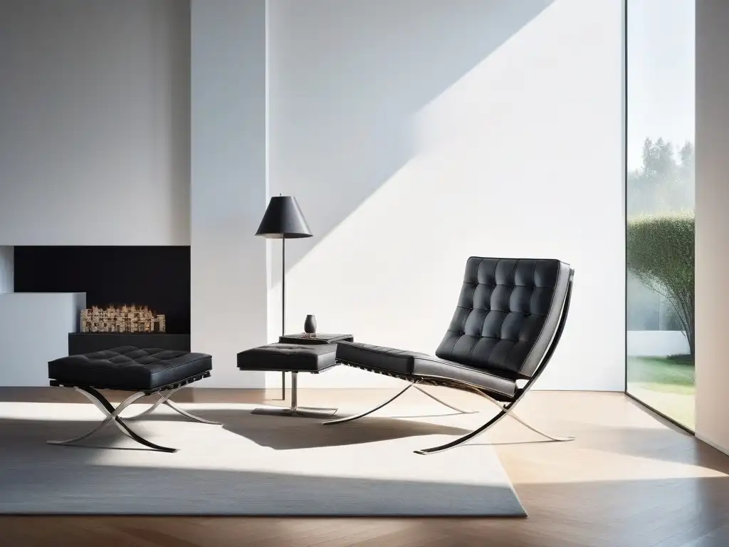 Silla Barcelona de Mies van der Rohe: Elegancia atemporal en sala moderna Elegante silla Barcelona en salón contemporáneo iluminado, reflejando lujo y sofisticación
