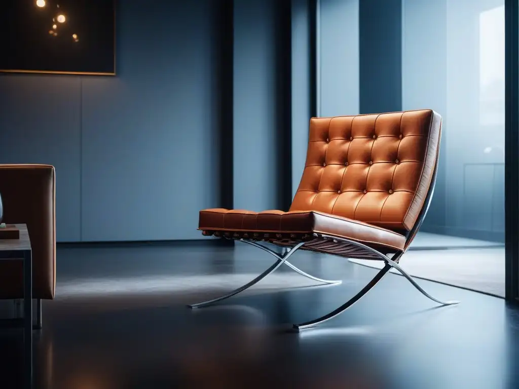 Silla Barcelona de Mies van der Rohe: Elegancia moderna en 8k Elegante silla Barcelona en salón contemporáneo, reflejo de la Historia del mobiliario de diseño