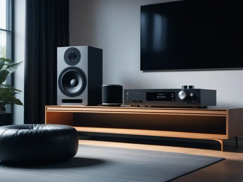 Sistema de audio de alta gama en sala minimalista Un elegante sistema de audio para el hogar en una sala minimalista con muebles contemporáneos y sutil iluminación ambiental