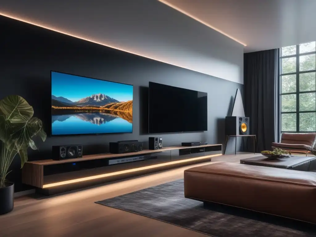 Centro de entretenimiento de lujo: consola de videojuegos, sonido envolvente y TV de alta gama en un ambiente moderno y elegante Un elegante sistema de entretenimiento para el hogar con soluciones audiovisuales para hogar diverso