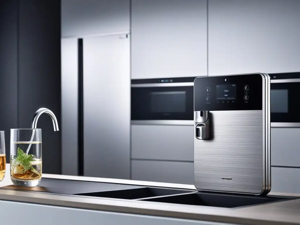 Moderna cocina con sofisticado sistema de filtración de agua integrado Un elegante sistema de filtrado de agua integrado en una cocina moderna de lujo