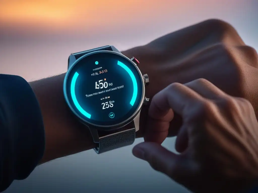 Smartwatch de lujo con pantalla vibrante y seguimiento de salud Un elegante smartwatch de acero inoxidable con pantalla táctil de alta resolución, mostrando funciones de salud en un hogar lujoso y futurista