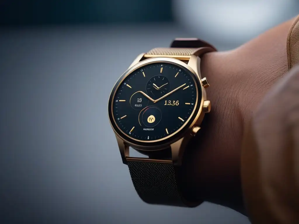 Reloj inteligente de lujo: fusión de moda y tecnología Elegante smartwatch de alta gama adaptable con diseño de oro y acero negro, fusionando moda y tecnología