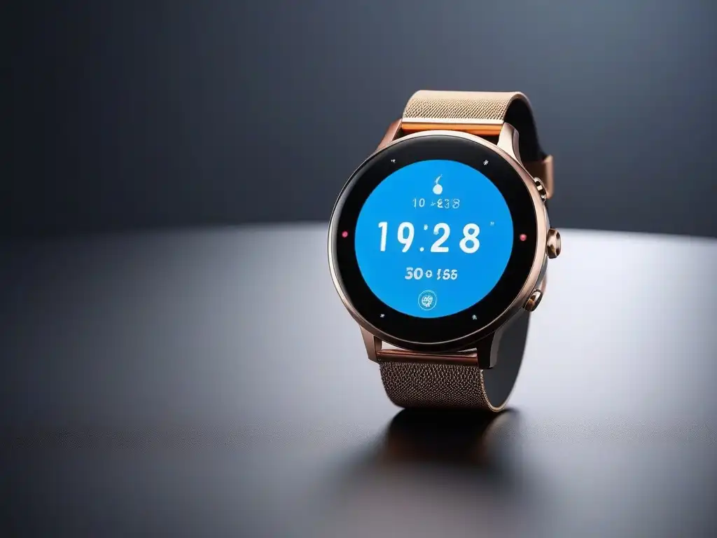 Smartwatch elegante con pantalla vibrante y datos de salud Un elegante smartwatch de alta gama con pantalla táctil vibrante, mostrando datos de salud y fitness