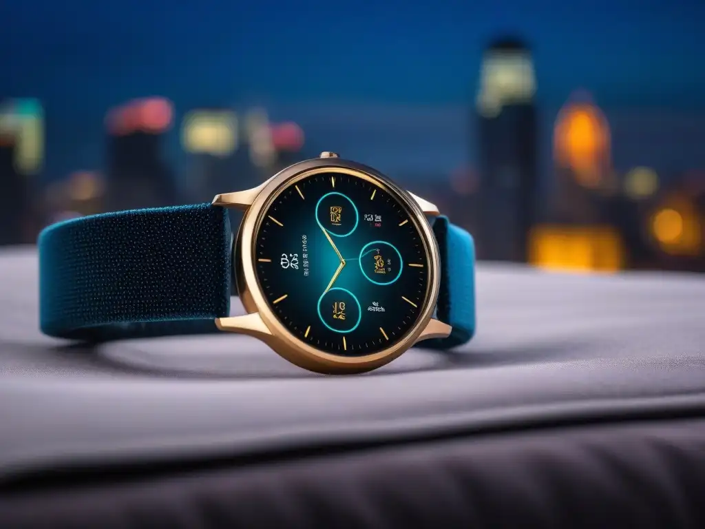 Reloj inteligente con diseño de arte digital en almohadón de terciopelo Un elegante smartwatch en un cojín de terciopelo con diseño de arte digital, iluminado por un foco dorado, en contraste con una ciudad nocturna