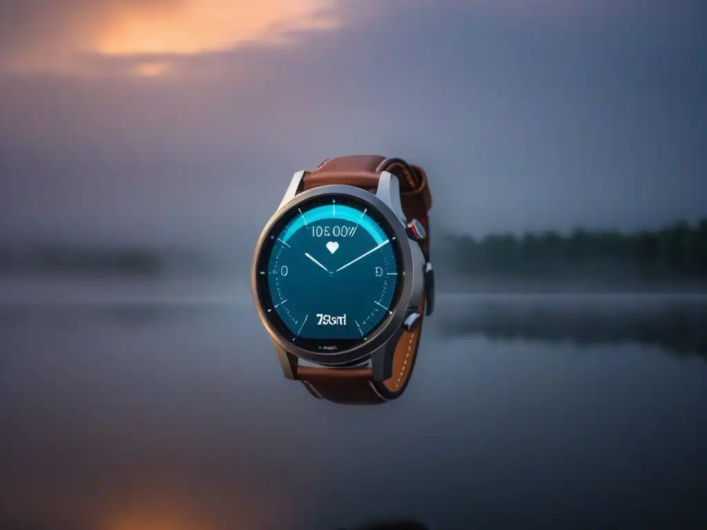 Smartwatch de lujo con pantalla vibrante y métricas de salud Un elegante smartwatch con correa de cuero, mostrando métricas de salud en una pantalla vibrante de alta resolución
