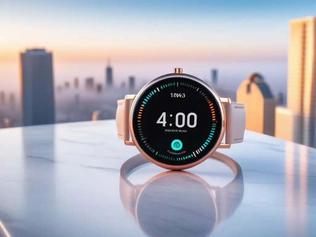 Smartwatch de diseño en oro rosa sobre mármol urbano Un elegante smartwatch con correa de oro rosa, datos de salud y fondo urbano al atardecer
