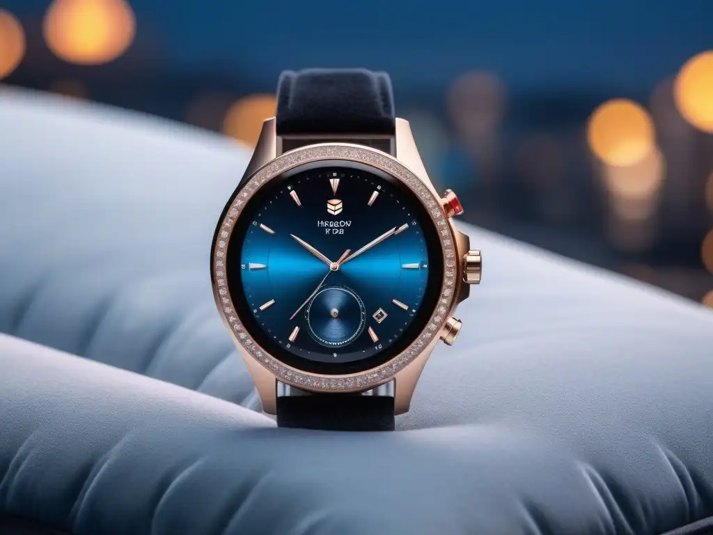 Smartwatch de lujo con diamantes en la ciudad nocturna Elegante smartwatch con diamantes sobre cojín de terciopelo, fondo de luces nocturnas