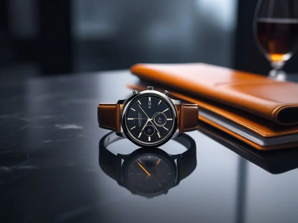 Reloj inteligente de lujo en mármol: estilo y tecnología Un elegante smartwatch en una encimera de mármol con accesorios de moda de alta gama
