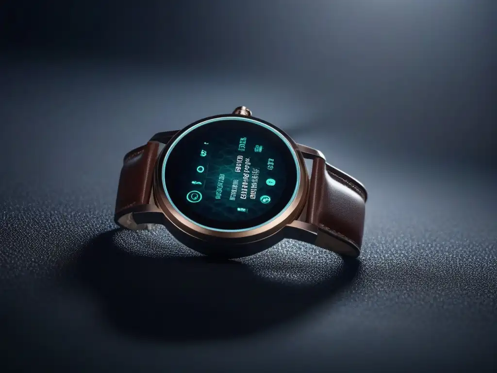 Smartwatch de lujo: diseño futurista y elegante Un elegante smartwatch futurista con diseño de lujo, pantalla táctil de alta resolución y correa de cuero, sobre un fondo minimalista y tecnológico
