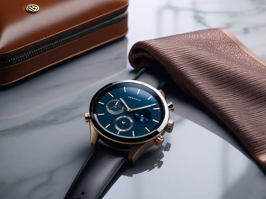 Smartwatch futurista en mesa de mármol con accesorios de lujo Un elegante smartwatch futurista en una mesa de mármol, rodeado de accesorios de moda de alta gama
