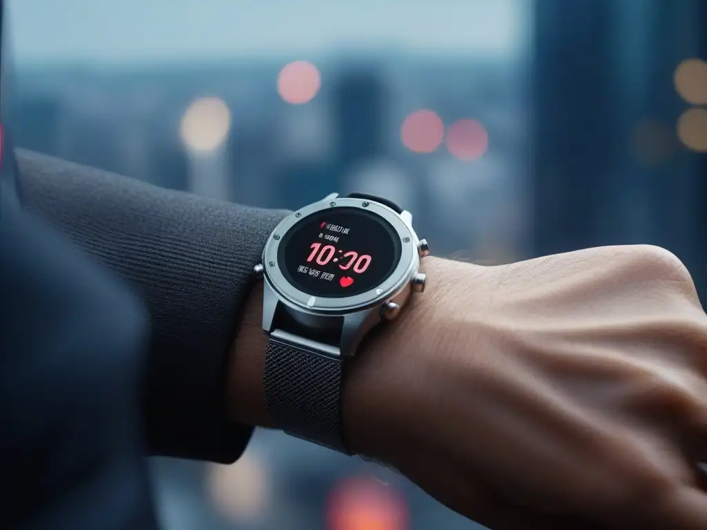 Smartwatch futurista con pantalla HD mostrando métricas de salud Un elegante smartwatch futurista con pantalla vibrante que muestra métricas de salud