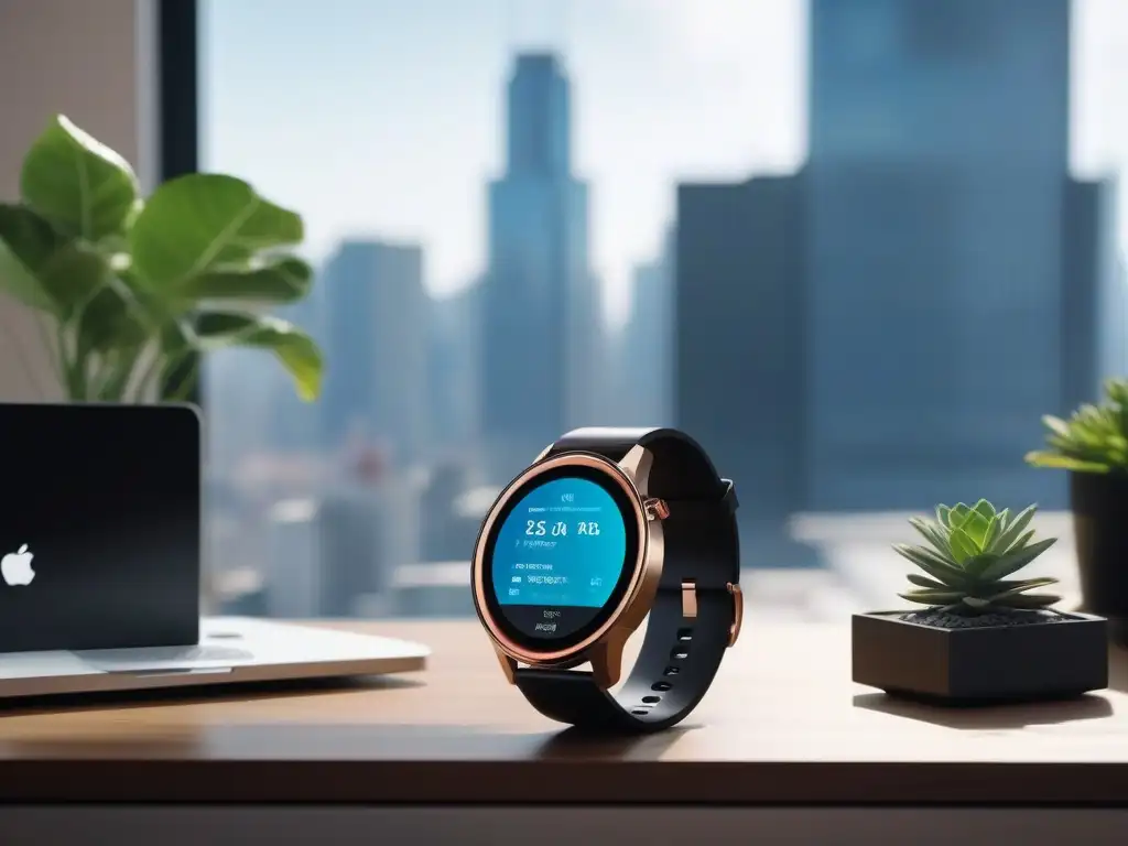 Smartwatch futurista en entorno productivo y moderno Un elegante smartwatch futurista con pantalla de alta resolución, monitor de ritmo cardíaco y gadgets de alta gama moda en un espacio minimalista