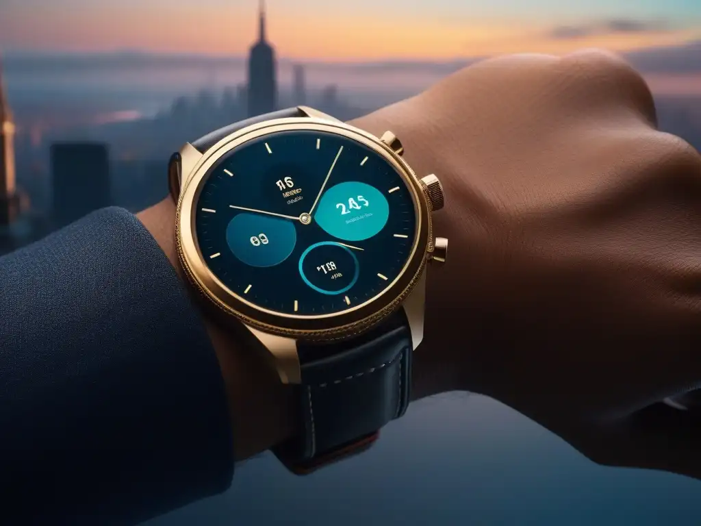 Smartwatch de lujo en la ciudad: fusión de tecnología y estilo Un elegante smartwatch de lujo en la ciudad, con detalles sofisticados y una app para Gadgets de moda de lujo