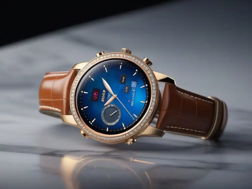 Smartwatch de lujo con diamantes y estilo sofisticado en mármol Un elegante smartwatch de lujo con incrustaciones de diamantes, pantalla táctil de alta resolución y correa de cuero, sobre una encimera de mármol con reflejo de una ciudad al fondo