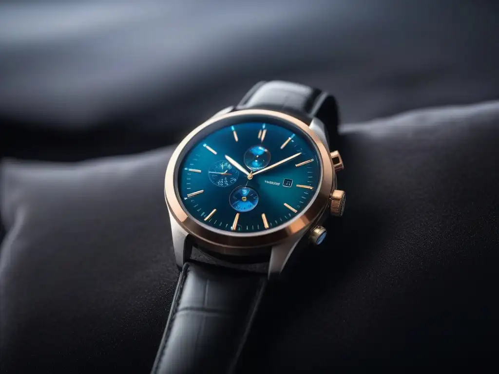 Smartwatch de lujo en evento de moda exclusivo Un elegante smartwatch de lujo en moda sobre cojín de terciopelo negro, bajo luz suave, en evento de alta costura