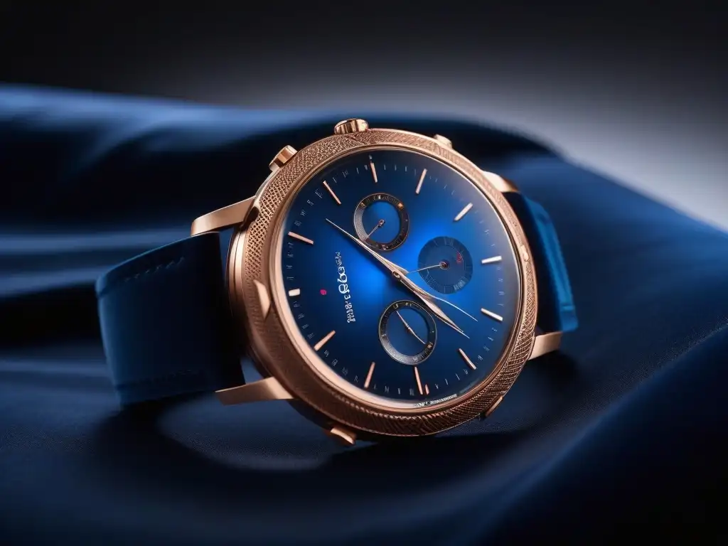 Reloj inteligente de lujo en oro rosa y cristal de zafiro Elegante smartwatch de lujo en tonos de oro rosa y cristal de zafiro sobre cojín de terciopelo bajo luz suave, con diseño digital detallado