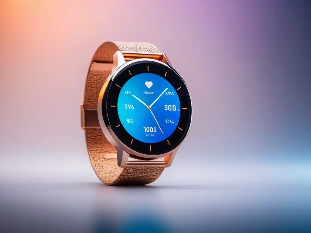 Smartwatch de lujo en rosa dorado con pantalla vibrante y monitor de salud Un elegante smartwatch de moda con banda de acero inoxidable en oro rosa, mostrando pantalla vibrante con monitoreo de salud