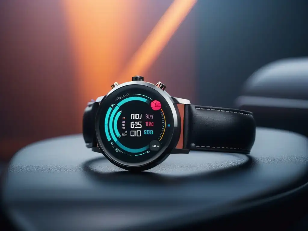 Smartwatch premium con diseño de lujo y datos de salud Un elegante smartwatch moderno con pantalla digital personalizable mostrando datos de salud y fitness, sobre una lujosa correa de cuero y detalles metálicos