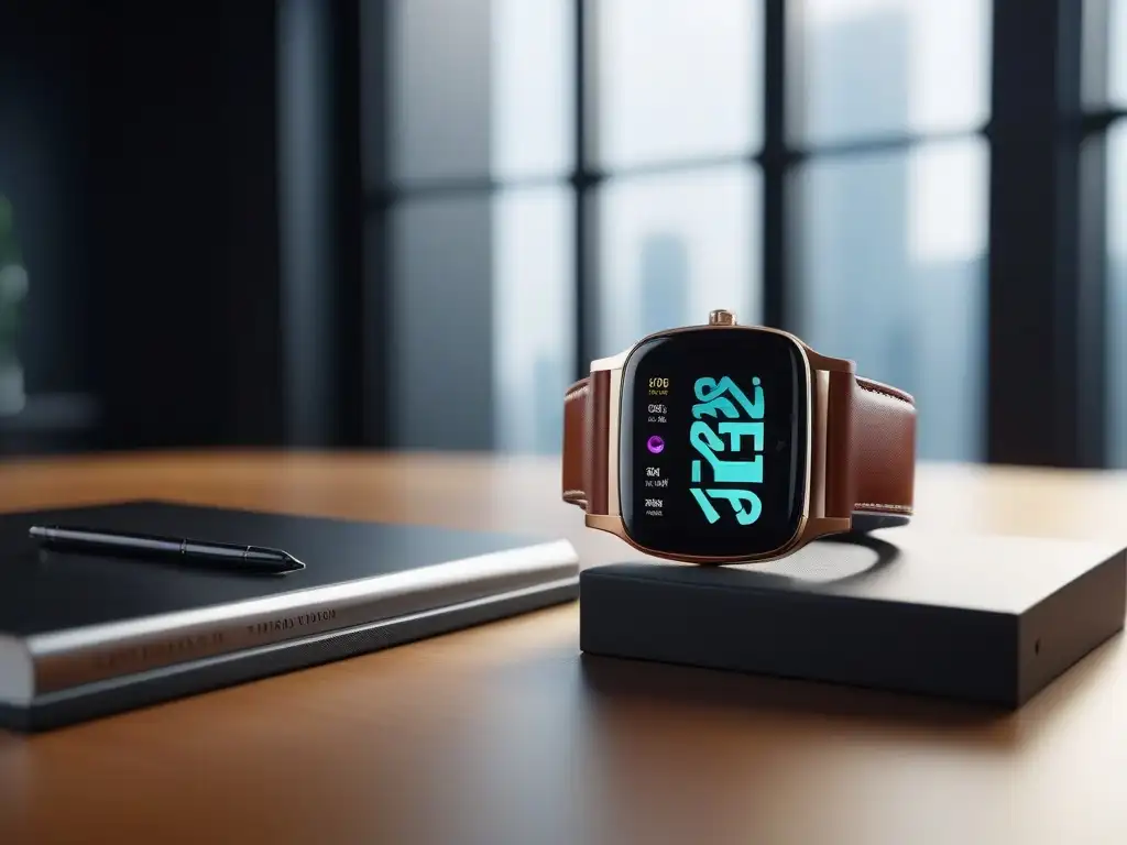 Smartwatch de lujo con pantalla vibrante en entorno minimalista Un elegante smartwatch con pantalla táctil de alta resolución y correa de cuero, en una oficina minimalista con luz natural