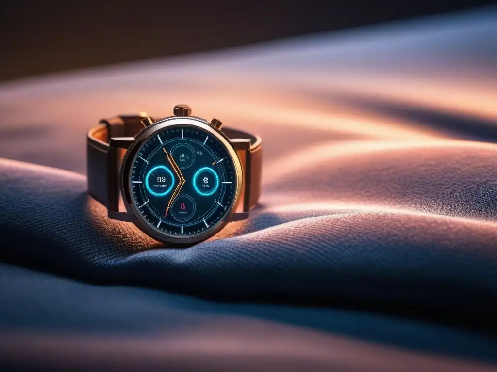 Smartwatch de lujo en taller tecnológico Un elegante smartwatch premium en un cojín de terciopelo, destacando sus detalles bajo la lupa en un taller de relojería sofisticado