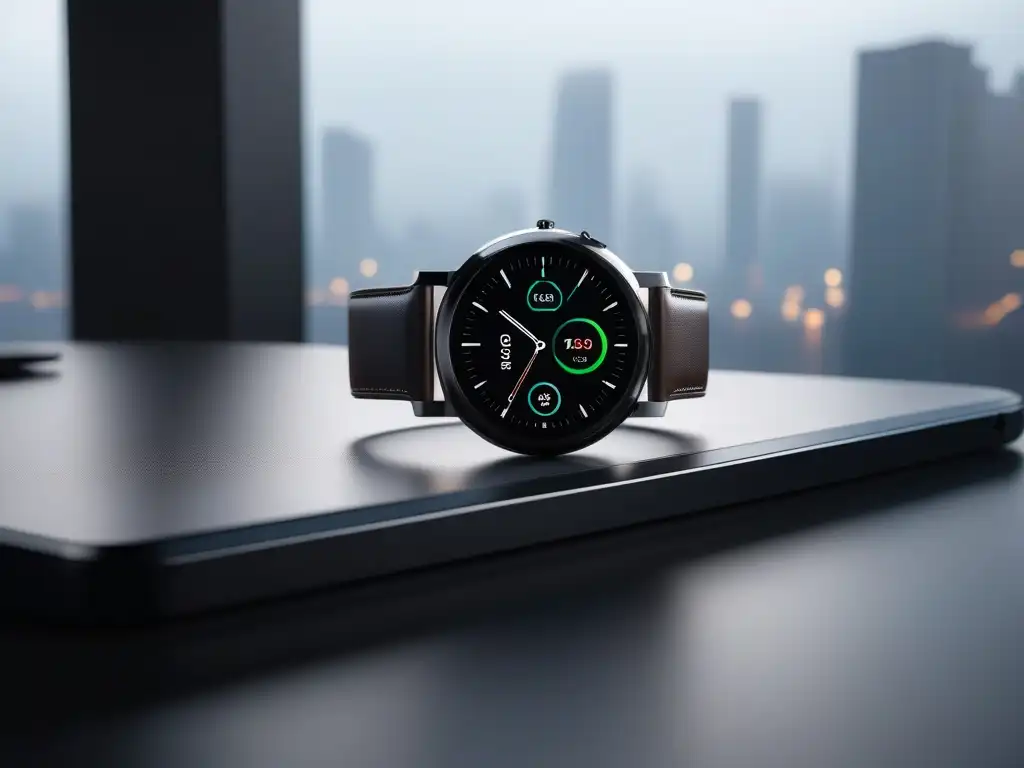 Smartwatch futurista de lujo en espacio minimalista Un elegante smartwatch premium en un entorno lujoso y vanguardista