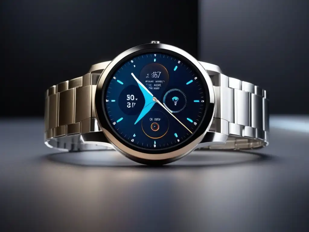 Reloj inteligente de lujo en entorno sofisticado Un elegante smartwatch premium en un entorno de oficina sofisticado, reflejando exclusividad y modernidad