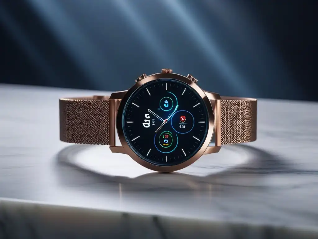 Smartwatch de lujo en mesa de mármol Un elegante smartwatch premium en mesa de mármol, iluminado suavemente
