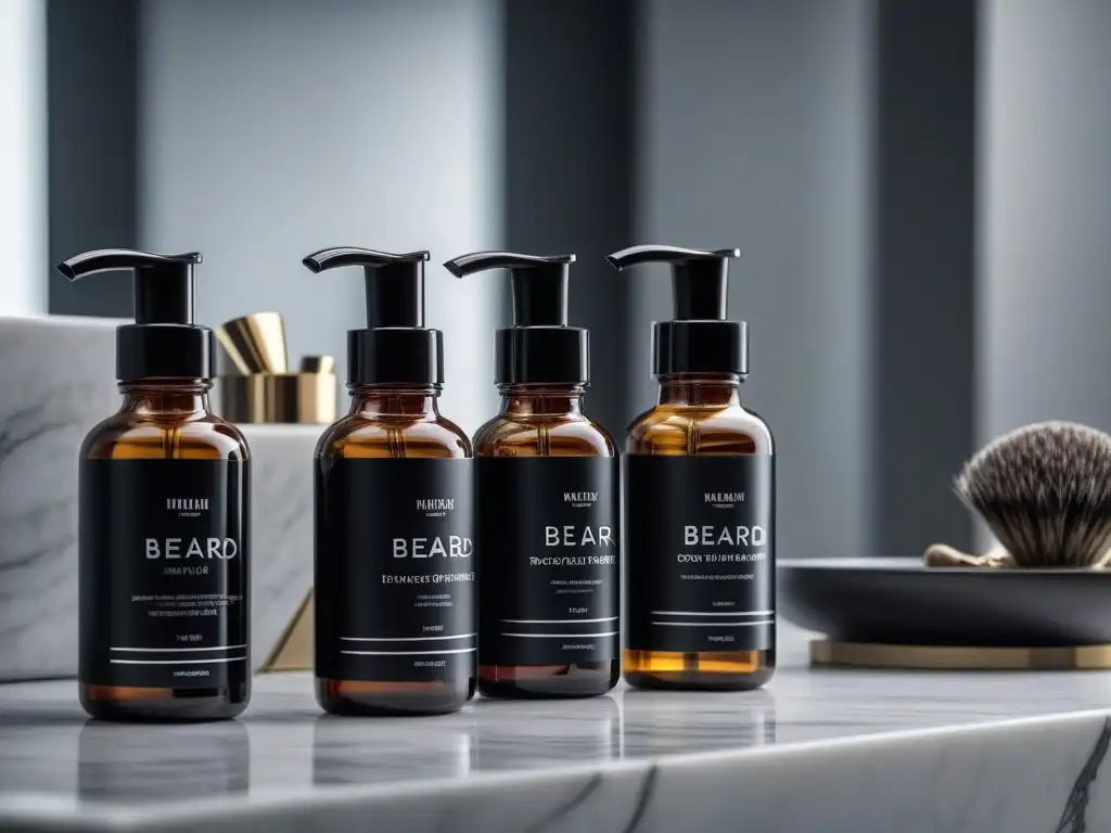 Productos de cuidado masculino de lujo en baño moderno Un elegante y sofisticado set de cuidado masculino con tratamientos para cuidado de barba y piel, sobre un tocador de mármol