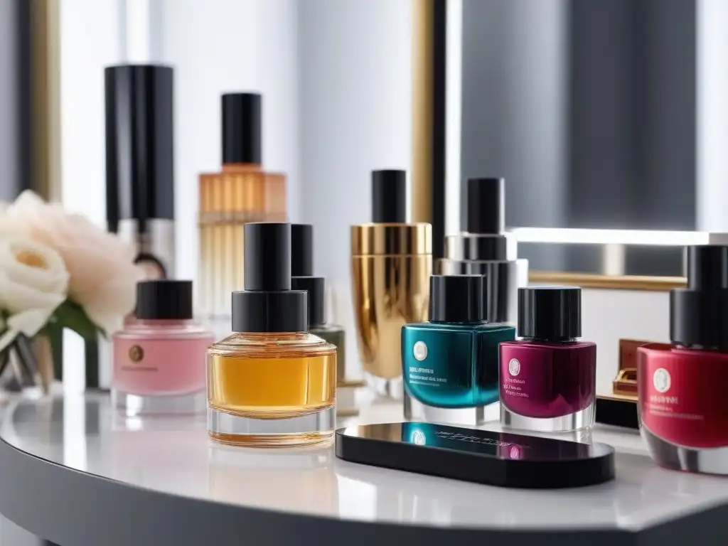 Diseño minimalista con productos de lujo para uñas Un elegante surtido de productos de belleza de alta gama para uñas, exhibidos con lujo en una mesa minimalista