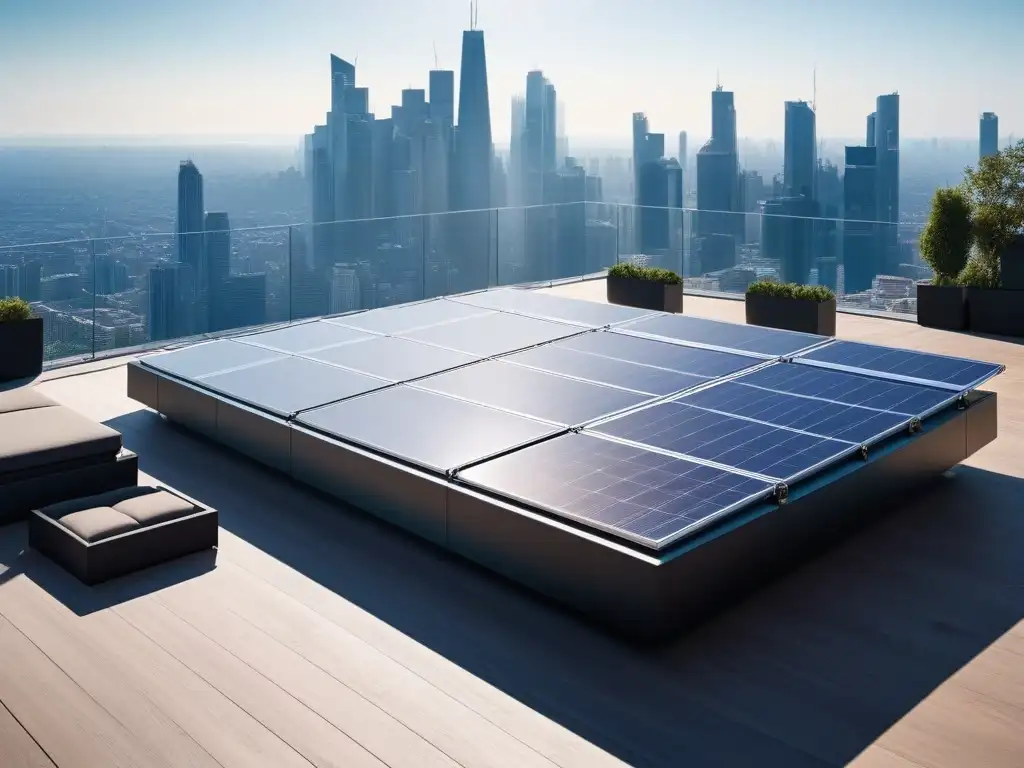 Terraza de lujo con paneles solares integrados en diseño moderno Elegante terraza con paneles solares, diseño sostenible y lujo urbano