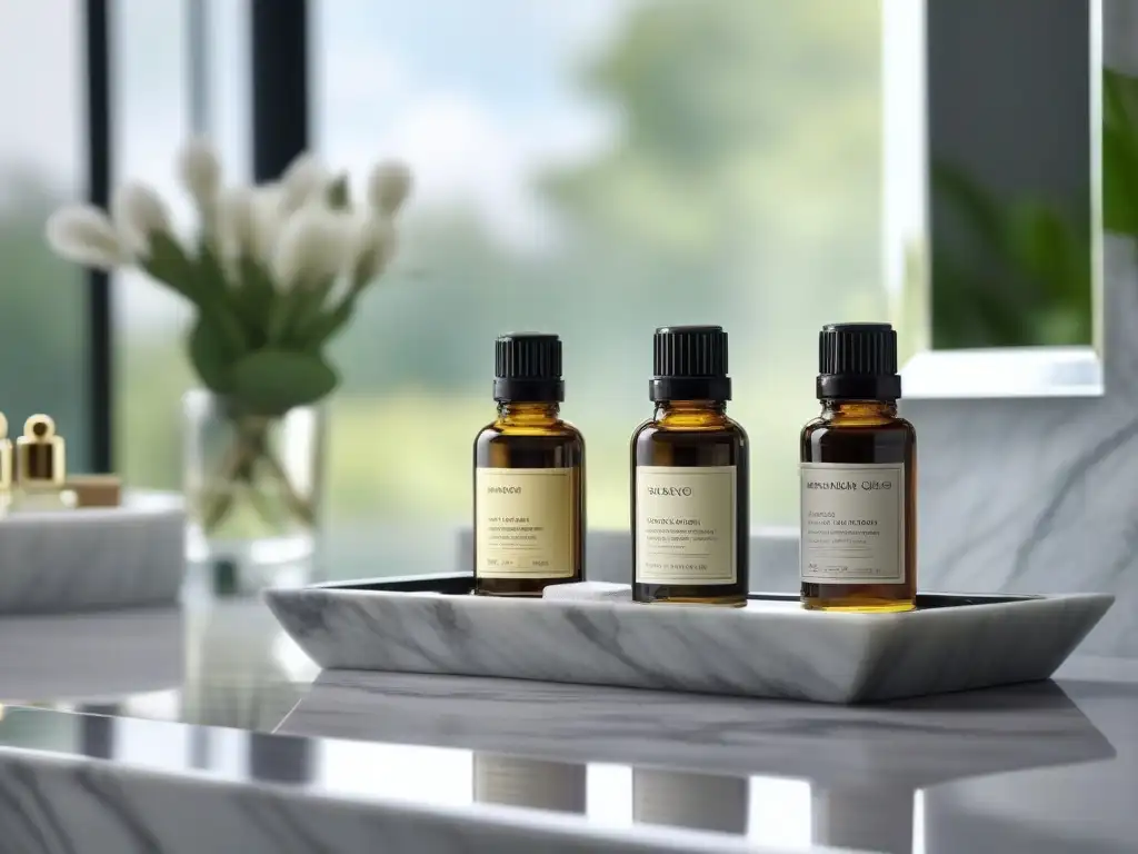 Vanity de baño con esenciales de lujo: elegancia y calma Elegante tocador de baño con aceites esenciales beneficios cuidado personal, reflejados en mármol brillante