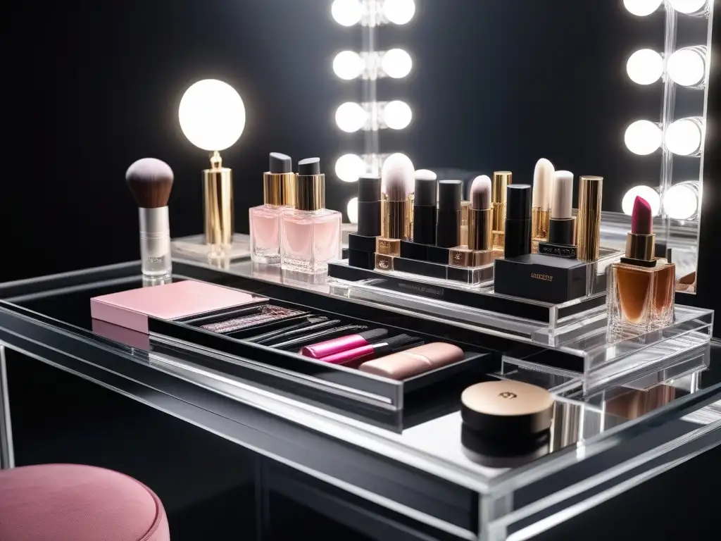 Vanity table de lujo con organizadores de maquillaje cristalinos Un elegante tocador con neceseres de lujo organizadores belleza en acrílico, bañado por luz suave