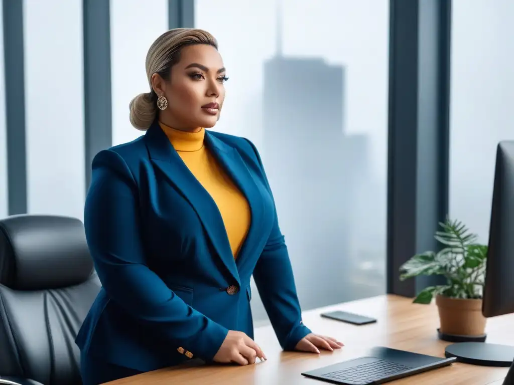 Mujer plus size confiada en elegante outfit de oficina Moda plus size elegante trabajo: Mujer confiada en atuendo chic en oficina moderna luminosa