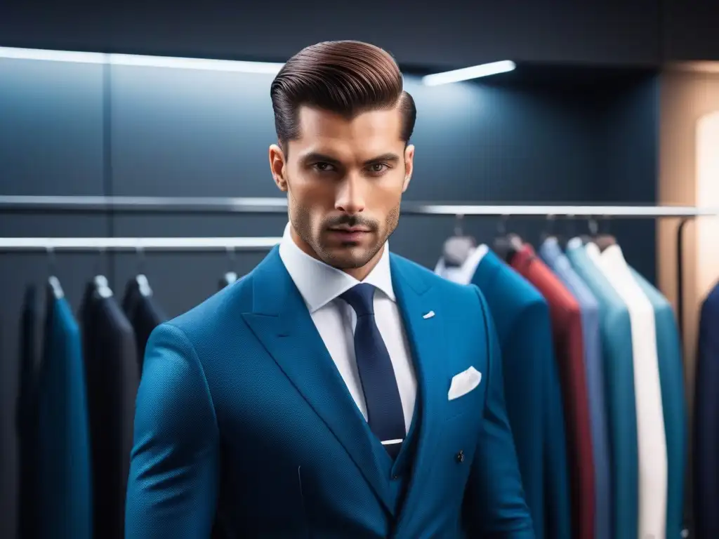 Estilo y elegancia para altos: boutique de moda exclusiva Un elegante traje bien ajustado para personas altas, rodeado de opciones de ropa moderna en una boutique espaciosa