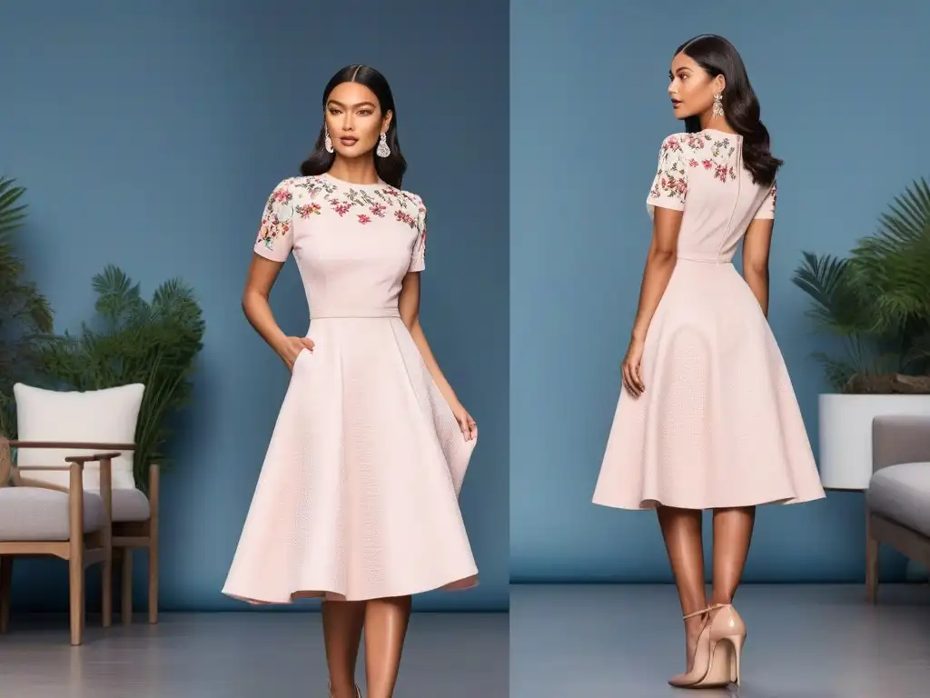 Elegancia en detalle: Modelo petite luce vestido con estilo y sofisticación Elegante vestido para Petite corte ideal realza la figura en un ambiente moderno y minimalista