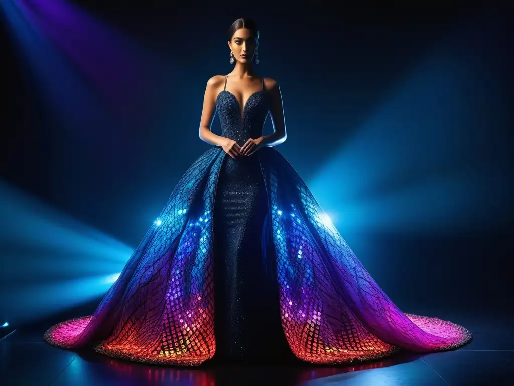 Vestido de noche con luces LED: deslumbrante y vibrante Elegante vestido con tecnología LED para eventos, brilla en colores vibrantes sobre fondo oscuro