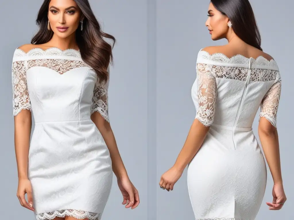 Elegante vestido de fiesta para siluetas petite con encaje y escote off-shoulder