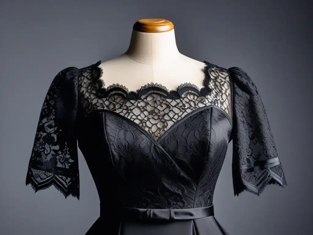 Vestido negro elegante en maniquí, detalles intrincados Elegante vestido negro de talla grande en maniquí, perfecto para prendas básicas plus size armario